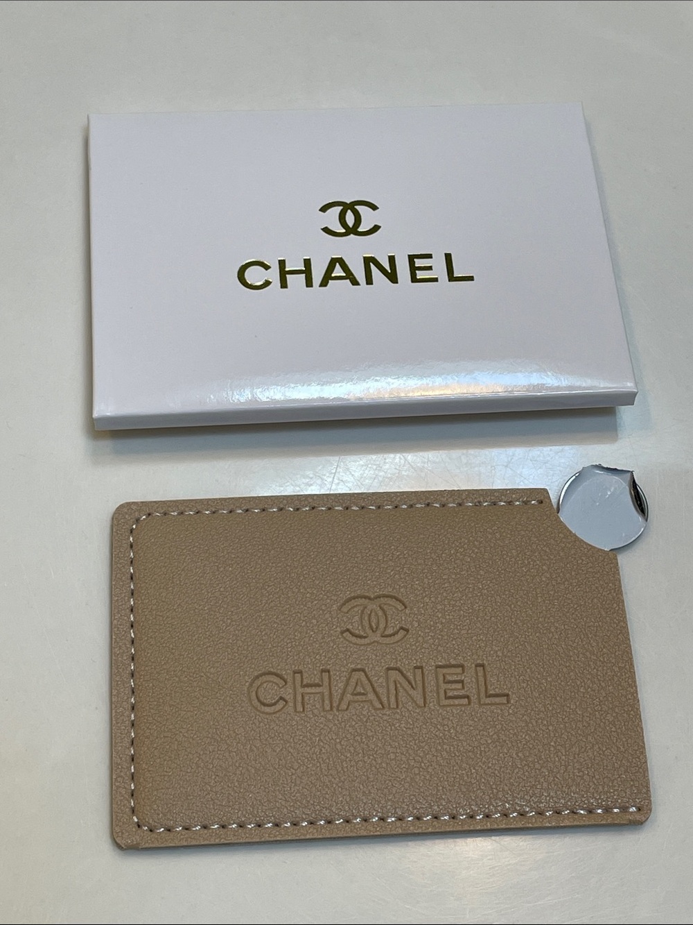 NEW CHANEL Beauty Vegan Leather Tan Embossed Case Card Holder with Mirror